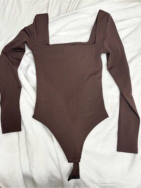 Babaton Aritzia Long Sleeve Square Neck One-Piece Bodysuit in Brown